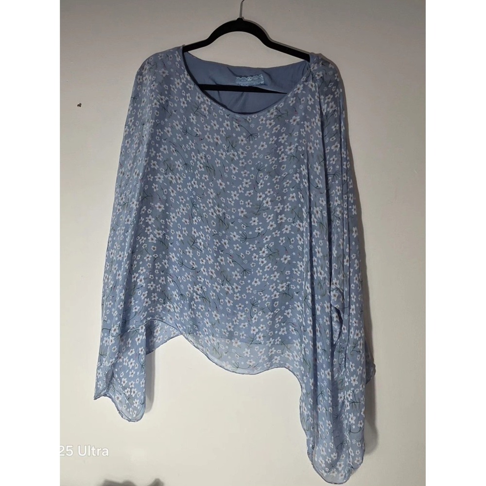 Womens Asymmetrical Chiffon Overlay Floral Blue Blouse Medium Boho Cottagecore